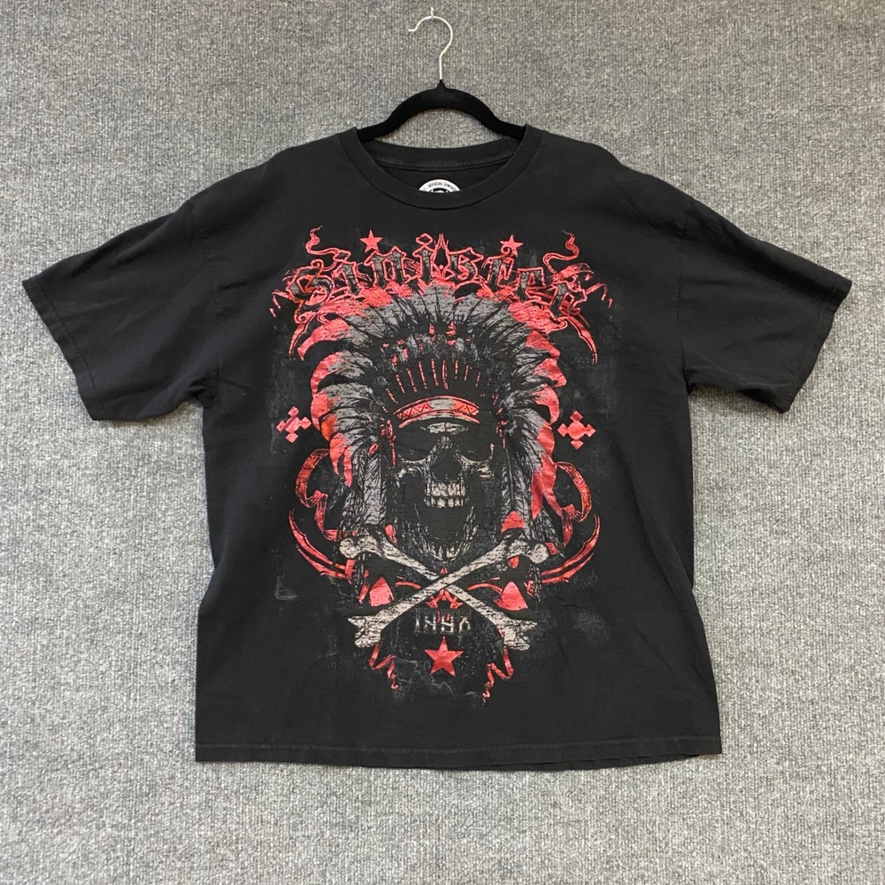 Sinist3r Brand Mens XL Black Skull Native American Graphic T-Shirt 1996 Red Grey